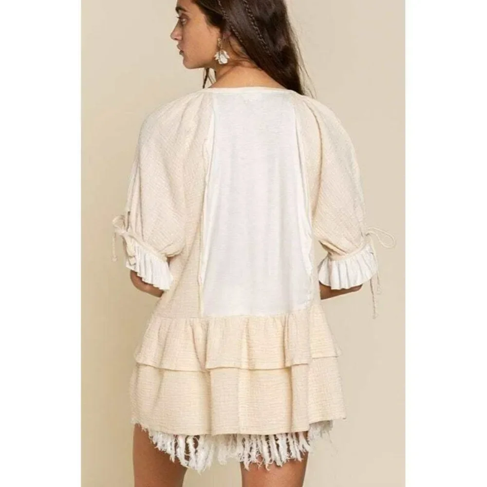 POL CLOTHING Women's Tiered Vanilla Cream Baby Doll Tunic Top Gauze New FWT96 - Picture 2 of 6
